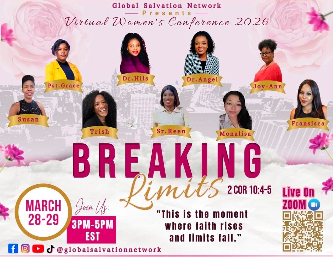 Breaking Limits Virtual Women's Conference 2026 — speaker lineup flyer presented by Global Salvation Network