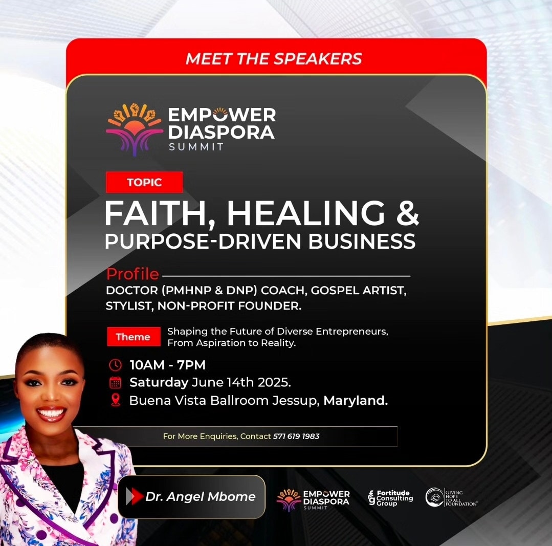 Empower Diaspora Summit speaker card for Dr. Angel Mbome — Faith, Healing & Purpose-Driven Business